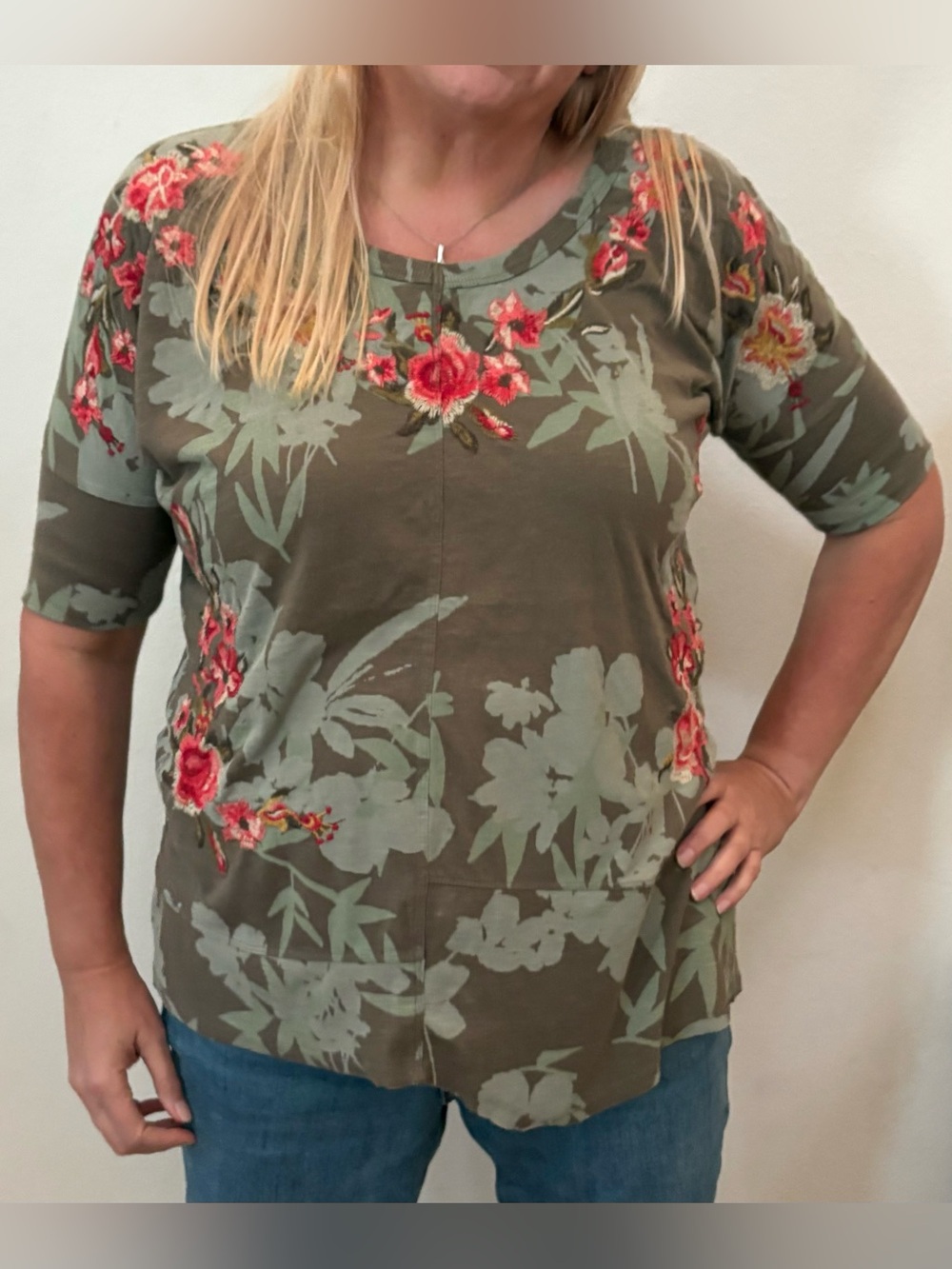 Sundance Cotton Tunic Top w Vibrant Embroidered Flowers & Asymmetrical Hemline L